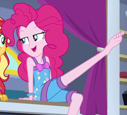 Size: 1038x944 | Tagged: safe, derpibooru import, screencap, pinkie pie, sunset shimmer, equestria girls, equestria girls series, sunset's backstage pass!, spoiler:eqg series (season 2), bare shoulders, clothes, cropped, feet, pajamas, sleeveless
