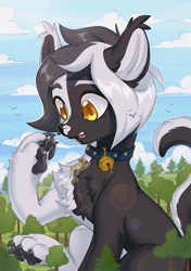 Size: 846x1200 | Tagged: safe, artist:ls_skylight, derpibooru import, oc, bird, pony, sphinx, unicorn, bell, bell collar, chest fluff, collar, commission, forest, macro, macro/micro, micro, paws, tiny, tree, ych result