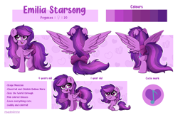 Size: 2800x1809 | Tagged: safe, artist:madelinne, derpibooru import, oc, oc only, oc:emilia starsong, pegasus, pony, baby, cheerful, female, mare, open mouth, open smile, pink, purple, reference sheet, simple background, smiling