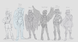 Size: 4636x2502 | Tagged: safe, artist:itssilver, derpibooru import, oc, oc only, oc:aux luminance, oc:blaze, oc:phase, oc:shining amber, oc:silver, oc:stormbringer, human, equestria girls, horn, horned humanization, humanized, ponied up, simple background, sketch, winged humanization, wings