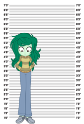 Size: 938x1384 | Tagged: safe, derpibooru import, edit, screencap, wallflower blush, equestria girls, arrested, clothes, cuffs, handcuffed, hands behind back, looking down, mugshot, size chart, size comparison, solo
