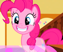 Size: 722x595 | Tagged: safe, derpibooru import, screencap, pinkie pie, earth pony, pony, school daze, season 8, spoiler:s08, cropped, cute, diapinkes, female, grin, mare, reaction image, smiling, solo, sugarcube corner, tumblr