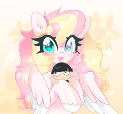 Size: 2048x1901 | Tagged: safe, artist:tinykiru, derpibooru import, oc, oc:ninny, human, pegasus, pony, eye clipping through hair, happy, open mouth, open smile, size difference, smiling