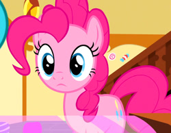 Size: 764x592 | Tagged: safe, derpibooru import, screencap, pinkie pie, sandbar, earth pony, pony, school daze, season 8, spoiler:s08, cropped, offscreen character, reaction image, sugarcube corner