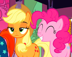 Size: 707x558 | Tagged: safe, derpibooru import, screencap, applejack, pinkie pie, sunburst, earth pony, pony, unicorn, season 7, shadow play, ^^, applejack is not amused, cloak, clothes, cropped, cute, diapinkes, eyes closed, female, lidded eyes, male, mare, offscreen character, stallion, sunburst's cloak, trio, unamused, varying degrees of amusement