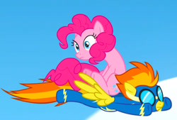 Size: 796x538 | Tagged: safe, derpibooru import, screencap, pinkie pie, spitfire, earth pony, pegasus, pony, season 7, secrets and pies, cropped, duo, duo female, female, flying, mare, riding, riding a pony