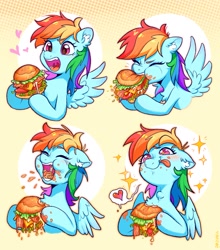 Size: 1799x2048 | Tagged: safe, artist:千雲九枭, derpibooru import, rainbow dash, pegasus, pony, :p, abstract background, bacon, cheese, cute, dashabetes, ear fluff, ears, eating, eyes closed, female, floating heart, floppy ears, food, heart, lettuce, licking, licking lips, mare, meat, messy eating, open mouth, ponies eating meat, sandwich, solo, spread wings, starry eyes, tomato, tongue, tongue out, wingding eyes, wings