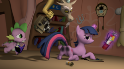 Size: 3840x2160 | Tagged: safe, artist:charlydasher, derpibooru import, discord, spike, twilight sparkle, 3d, burned, burned butt, butt, camera, clothes, featureless crotch, female, fire extinguisher, golden oaks library, letter, library, literal butthurt, magic, mare, pain, panties, plot, scroll, smoke, smoking, source filmmaker, striped underwear, telekinesis, twibutt, unamused, underwear, we don't normally wear clothes