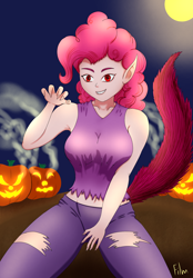 Size: 2350x3380 | Tagged: safe, artist:film77asq, derpibooru import, pinkie pie, werewolf, equestria girls, breasts, clothes, female, halloween, holiday, jack-o-lantern, pinkie pies, pumpkin, solo, torn clothes