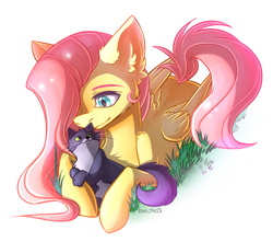 Size: 1619x1434 | Tagged: safe, artist:yuris, derpibooru import, fluttershy, cat, pegasus, pony, ears up, female, folded wings, grass, resting, simple background, solo, white background, wings