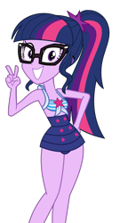 Size: 3111x5768 | Tagged: safe, artist:keronianniroro, derpibooru import, edit, sci-twi, twilight sparkle, better together, equestria girls, forgotten friendship, adorasexy, adorkable, bare shoulders, bikini, clothes, cute, dork, female, front knot midriff, glasses, grin, looking at you, midriff, one-piece swimsuit, peace sign, ponytail, sci-twi swimsuit, sexy, shirt, simple background, sleeveless, smiling, solo, swimsuit, transparent background, twiabetes, vector, vector edit