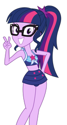 Size: 3111x5768 | Tagged: safe, artist:keronianniroro, derpibooru import, edit, sci-twi, twilight sparkle, equestria girls, equestria girls series, forgotten friendship, adorasexy, adorkable, bare shoulders, bikini, clothes, cute, dork, female, front knot midriff, glasses, grin, looking at you, midriff, one-piece swimsuit, peace sign, ponytail, sci-twi swimsuit, sexy, shirt, simple background, sleeveless, smiling, solo, swimsuit, transparent background, twiabetes, vector, vector edit