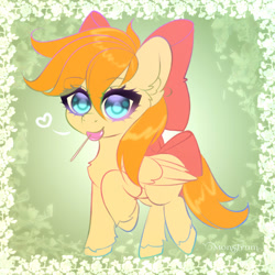 Size: 3000x3000 | Tagged: safe, artist:monstrum, derpibooru import, oc, oc:deliambre, pegasus, pony, bow, candy, chibi, cute, food, full body, hair bow, lollipop, looking at you, solo