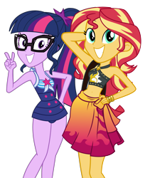 Size: 3535x4326 | Tagged: safe, artist:keronianniroro, derpibooru import, edit, sci-twi, sunset shimmer, twilight sparkle, better together, equestria girls, forgotten friendship, absurd resolution, adorasexy, adorkable, bare shoulders, beach babe, belly button, bikini, clothes, cute, dork, duo, female, glasses, grin, high res, looking at you, peace sign, ponytail, sarong, sci-twi swimsuit, sexy, simple background, sleeveless, smiling, stomach, sunset selfie, swimsuit, transparent background, twiabetes, vector, vector edit