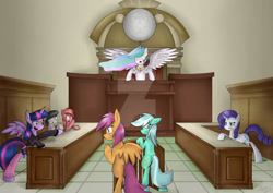 Size: 1024x725 | Tagged: safe, artist:sketchypon3, derpibooru import, lyra heartstrings, octavia melody, princess celestia, rarity, scootaloo, twilight sparkle, twilight sparkle (alicorn), oc, alicorn, earth pony, pegasus, pony, unicorn, ace attorney, courtroom, deviantart watermark, obtrusive watermark, watermark