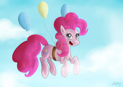 Size: 1024x725 | Tagged: safe, artist:sketchypon3, derpibooru import, pinkie pie, pony, balloon, deviantart watermark, floating, obtrusive watermark, signature, solo, then watch her balloons lift her up to the sky, watermark