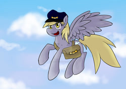 Size: 1024x724 | Tagged: safe, artist:sketchypon3, derpibooru import, derpy hooves, pony, bag, deviantart watermark, hat, mailbag, obtrusive watermark, solo, watermark