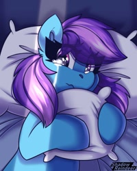 Size: 982x1228 | Tagged: safe, artist:shadowreindeer, derpibooru import, oc, oc only, oc:nohra, earth pony, pony, boosty reward, crying, female, pillow, solo