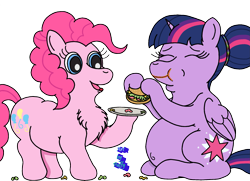Size: 2289x1661 | Tagged: safe, artist:puffydearlysmith, derpibooru import, pinkie pie, twilight sparkle, twilight sparkle (alicorn), alicorn, earth pony, pony, alternate hairstyle, belly, belly button, big belly, burger, chest fluff, chubby, double chin, fat, female, food, hair bun, lesbian, mare, messy eating, shipping, simple background, that pony sure does love burgers, transparent background, twilard sparkle, twilight burgkle, twinkie