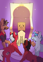 Size: 880x1280 | Tagged: safe, derpibooru import, oc, oc:blue chewings, oc:darmet, oc:jack foley, oc:paper bag, oc:torque, earth pony, pony, unicorn, butt, harem, plot, sitting