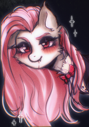 Size: 1640x2360 | Tagged: safe, artist:vaiola, derpibooru import, fluttershy, pegasus, pony, undead, vampire, vampony, big eyes, black background, blood, blushing, bust, clothes, confident, costume, eyebrows, eyeshadow, fangs, female, fluttergoth, goth, halloween, halloween costume, holiday, looking at you, makeup, mare, portrait, simple background, solo, sparkles