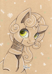 Size: 1024x1444 | Tagged: safe, artist:lailyren, derpibooru import, sweetie belle, sweetie bot, pony, robot, robot pony, unicorn, bust, curly hair, female, green eyes, heart, limited color, mare, portrait, signature, smiling, solo, traditional art