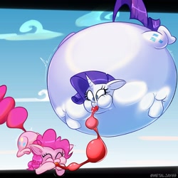 Size: 2048x2048 | Tagged: safe, artist:metalface069, derpibooru import, pinkie pie, rarity, earth pony, inflatable pony, pony, unicorn, airborne, balloon pony, blimp, blowing, hose, inflatable, inflation, pinkie being pinkie, puffy cheeks, rariblimp