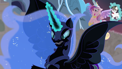 Size: 1440x810 | Tagged: safe, artist:obabscribbler, derpibooru import, nightmare moon, princess cadance, raven, alicorn, pony, unicorn, angry, ethereal mane, ethereal tail, female, glowing, glowing horn, gritted teeth, horn, magic, magic aura, spread wings, tail, teeth, telekinesis, wings