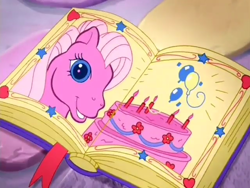 Size: 640x480 | Tagged: safe, derpibooru import, screencap, pinkie pie (g3), earth pony, pony, a very pony place, g3, positively pink, birthday book, birthday cake, book, cake, female, food, mare, party cake place, solo