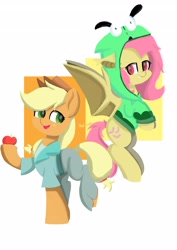 Size: 2896x4096 | Tagged: safe, artist:skylinepony_, derpibooru import, applejack, fluttershy, bat pony, earth pony, pony, antonymph, apple, bat ponified, bipedal, clothes, duo, female, flutterbat, fluttgirshy, flying, food, gir, hoodie, mare, race swap