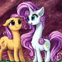 Size: 832x832 | Tagged: safe, generator:stable diffusion, machine learning generated, earth pony, pony, unicorn, :3, duo, female, grass, long neck, mare, pony diffusion, white pony, yellow pony