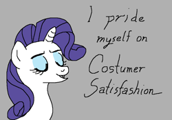 Size: 922x641 | Tagged: safe, rarity, pony, unicorn, eyes closed, female, gray background, mare, open mouth, open smile, pun, simple background, smiling, solo, text