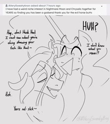 Size: 1000x1125 | Tagged: safe, artist:averysweatyboy, derpibooru import, nightmare moon, queen chrysalis, alicorn, changeling, changeling queen, pony, ask, chrysmoon, curiouscat, dialogue, female, lesbian, lidded eyes, mare, monochrome, nervous sweat, open mouth, open smile, shipping, smiling, sweat
