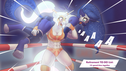 Size: 3840x2160 | Tagged: safe, artist:cocaine, derpibooru import, princess celestia, princess luna, alicorn, anthro, abs, ethereal mane, female, fight, muscles, muscular female, ponytail, retirement, screaming, sibling bonding, sports, starry mane, this will end in death, this will end in tears, this will end in tears and/or death, wrestling