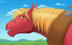 Size: 1129x707 | Tagged: safe, artist:jenery, derpibooru import, big macintosh, earth pony, pony, big macintosh's yoke, hoers, horse collar, looking at you, looking back, looking back at you, male, open mouth, solo, stallion, yoke