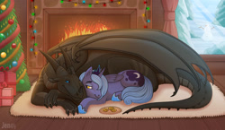 Size: 1175x680 | Tagged: safe, artist:jenery, derpibooru import, princess luna, alicorn, dragon, pony, christmas, christmas tree, cookie, female, fire, fireplace, food, holiday, looking at each other, looking at someone, mare, present, s1 luna, smiling, snow, snowman, string lights, tree, window