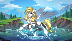 Size: 2500x1406 | Tagged: safe, artist:redchetgreen, derpibooru import, oc, oc only, oc:star nai, alicorn, pony, alicorn oc, clothes, female, horn, leg fluff, lidded eyes, looking at you, mare, mountain, scenery, solo, splash, spread wings, water, wings