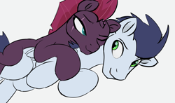 Size: 2033x1198 | Tagged: safe, derpibooru import, soarin', tempest shadow, pegasus, pony, unicorn, broken horn, crack shipping, cuddling, duo, female, horn, looking at each other, looking at someone, lying down, male, mare, one eye closed, shipping, simple background, stallion, straight, white background