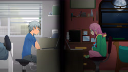 Size: 6000x3374 | Tagged: safe, artist:yunguy1, artist:yunsp, derpibooru import, fluttershy, tom, oc, human, chair, clothes, computer, desk, duo focus, facing each other, faith summers, female, high res, hoodie, humanized, laptop computer, male, office chair, sitting, starswirl academy, tom stone, toy