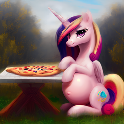 Size: 1024x1024 | Tagged: safe, derpibooru import, machine learning generated, princess cadance, alicorn, pony, belly, big belly, female, food, grass, horn, mare, outdoors, peetzer, pizza, pregdance, pregnant, solo, that pony sure does love pizza, wings