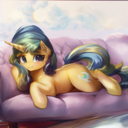 Size: 512x512 | Tagged: safe, derpibooru import, editor:paracompact, machine learning assisted, oc, oc only, pony, female, looking at you, lying down, mare, prone, random pony, sofa, solo