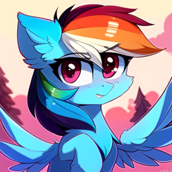 Size: 512x512 | Tagged: safe, derpibooru import, machine learning generated, rainbow dash, pegasus, pony, blushing, chest fluff, ear fluff, ears, female, looking at you, mare, solo, wings