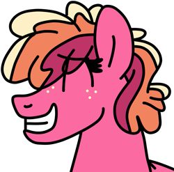 Size: 979x969 | Tagged: safe, artist:jadeharmony, derpibooru import, oc, oc only, oc:peachy keen, earth pony, pony, bust, eye clipping through hair, eyes closed, female, freckles, grin, mare, offspring, pandoraverse, parent:big macintosh, parent:cheerilee, parents:cheerimac, simple background, smiling, solo, transparent background