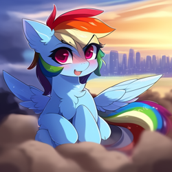 Size: 512x512 | Tagged: safe, derpibooru import, machine learning generated, rainbow dash, pegasus, pony, blushing, chest fluff, ear fluff, ears, female, looking at you, mare, solo, wings