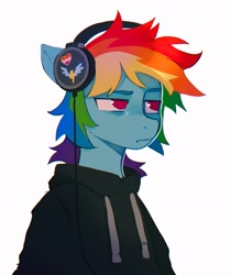 Size: 1599x1908 | Tagged: safe, artist:draw3, derpibooru import, rainbow dash, anthro, clothes, female, headphones, hoodie, lesbian, lesbian pride flag, no pupils, pride, pride flag, simple background, solo, unamused, white background, wonderbolts logo