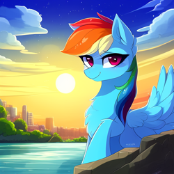 Size: 512x512 | Tagged: safe, derpibooru import, machine learning generated, rainbow dash, pegasus, pony, blushing, chest fluff, ear fluff, ears, female, looking at you, mare, solo, wings