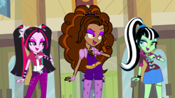 Size: 1280x720 | Tagged: safe, derpibooru import, edit, edited screencap, screencap, adagio dazzle, aria blaze, sonata dusk, equestria girls, rainbow rocks, brown hair, clawdeen wolf, draculaura, eyeshadow, frankie stein, green skin, makeup, monster high, multicolored hair, pigtails, pink skin, ponytail, the dazzlings, twintails