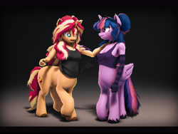Size: 7200x5400 | Tagged: safe, artist:imafutureguitarhero, derpibooru import, sci-twi, sunset shimmer, twilight sparkle, twilight sparkle (alicorn), alicorn, anthro, centaur, ponytaur, taur, unicorn, 3d, 4:3, absurd file size, absurd resolution, anthro centaur, arm fluff, arm freckles, belly fluff, black bars, bra, breast fluff, butt freckles, centaurified, cheek fluff, chest fluff, chest freckles, chromatic aberration, clothes, cloven hooves, collar, colored eyebrows, colored eyelashes, crop top bra, cute, dialogue in the description, duo, ear fluff, ear freckles, ears, evening gloves, female, film grain, fingerless elbow gloves, fingerless gloves, fluffy, fluffy hair, fluffy mane, fluffy tail, folded wings, freckles, fur, glasses, glasses off, gloves, gradient background, grin, hand on arm, hand on shoulder, hoof fluff, horn, leg fluff, leg freckles, long gloves, long nails, looking at someone, looking down, mare, multicolored hair, multicolored mane, multicolored tail, nose wrinkle, open mouth, paintover, peppered bacon, raised hoof, raised leg, revamped anthros, revamped ponies, scitwilicorn, shadow, shoulder freckles, signature, smiling, source filmmaker, species swap, striped gloves, tail, tanktop, touching, underwear, wall of tags, wing fluff, wings, worried