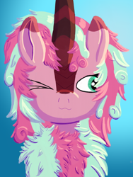 Size: 1536x2048 | Tagged: safe, artist:the crystal artist, derpibooru exclusive, derpibooru import, oc, oc:minty, kirin, :3, blue background, chest fluff, curly hair, curly mane, cute, female, fluffy, fluffy mane, gradient background, green eyes, kirin oc, lineless, looking to side, one eye closed, shading, shading practice, simple background, solo, wingding eyes, wink