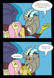 Size: 800x1139 | Tagged: safe, artist:da_space_kase, artist:katsaka, artist:spacekase, derpibooru import, discord, fluttershy, draconequus, pegasus, pony, 2 panel comic, comic, dialogue, duo, duo male and female, eyebrows, female, folded wings, frown, male, mare, open mouth, open smile, smiling, speech bubble, spread wings, talking, the simpsons, wings